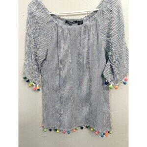 Chadwicks Women's 3/4 Sleeve White Blue Top Striped Pom Pom  Blouse Size Med